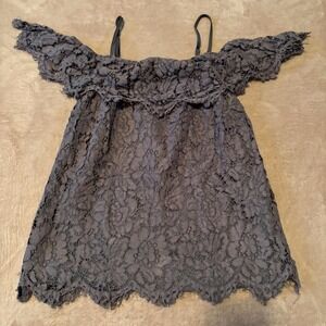 Womens Lace Off Shoulder Top Gray Sheer Floral Short Sleeve Blouse